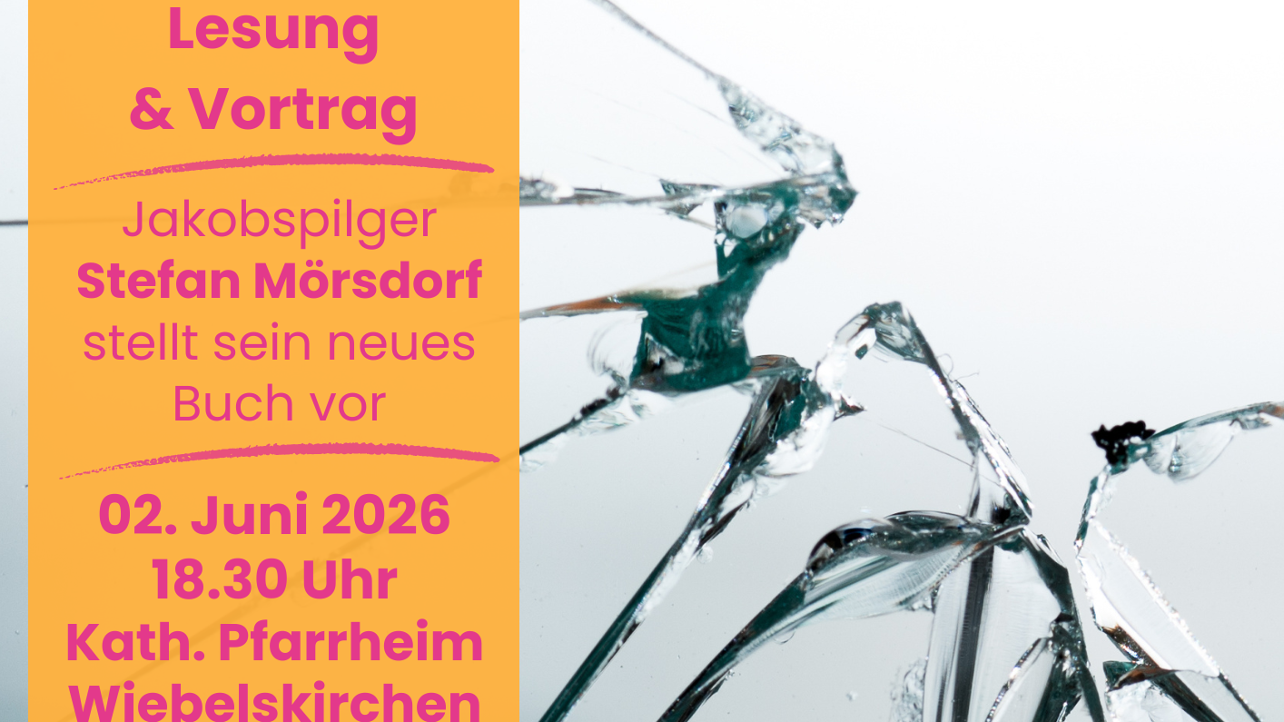 Plakat zur Autorenlesung mit Stefan Mörsdorf, orangefarbene Textfelder, Schriftfarbe magenta vor zerbrochener Glasscheibe.