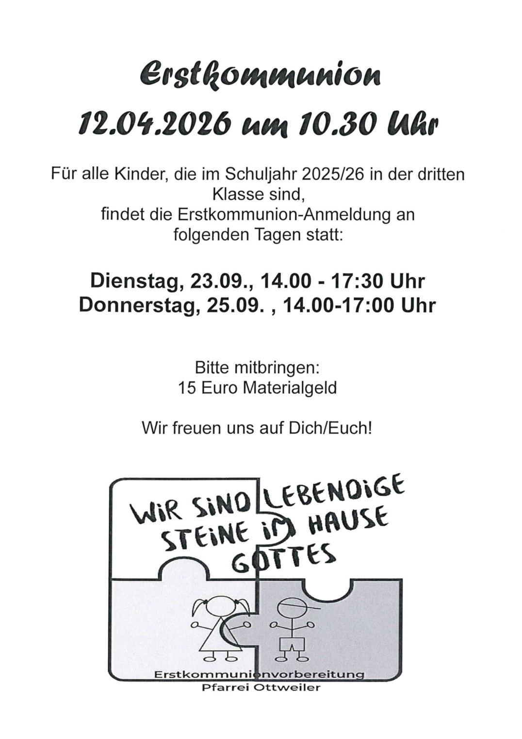Erstkommunion 2026 Anmeldetrmine